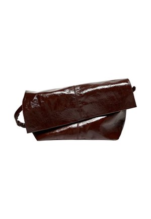 Brown, glossy leather bag with a foldover design and a single strap. Features visible stitching and a smooth, shiny surface.