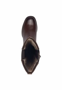 Bottine en cuir marron avec une texture lisse, bout arrondi et une fermeture éclair à l'intérieur. L'intérieur est doublé d'un tissu doux.