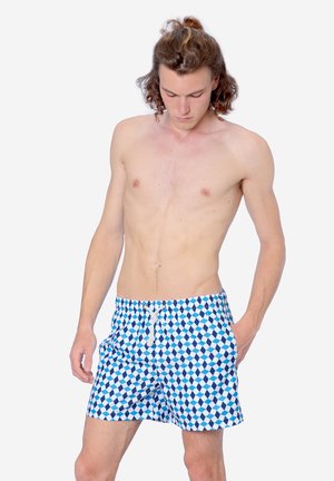 Plavky s geometrickým vzorem v modré a bílé barvě. Vyrobeno z lehkého materiálu, s elastickým pasem a šňůrkou na stáhnutí.