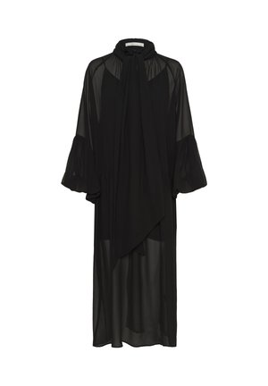 Robe midi noire transparente avec manches longues bouffantes, détail de nœud au col montant et panneau avant drapé en plusieurs couches.