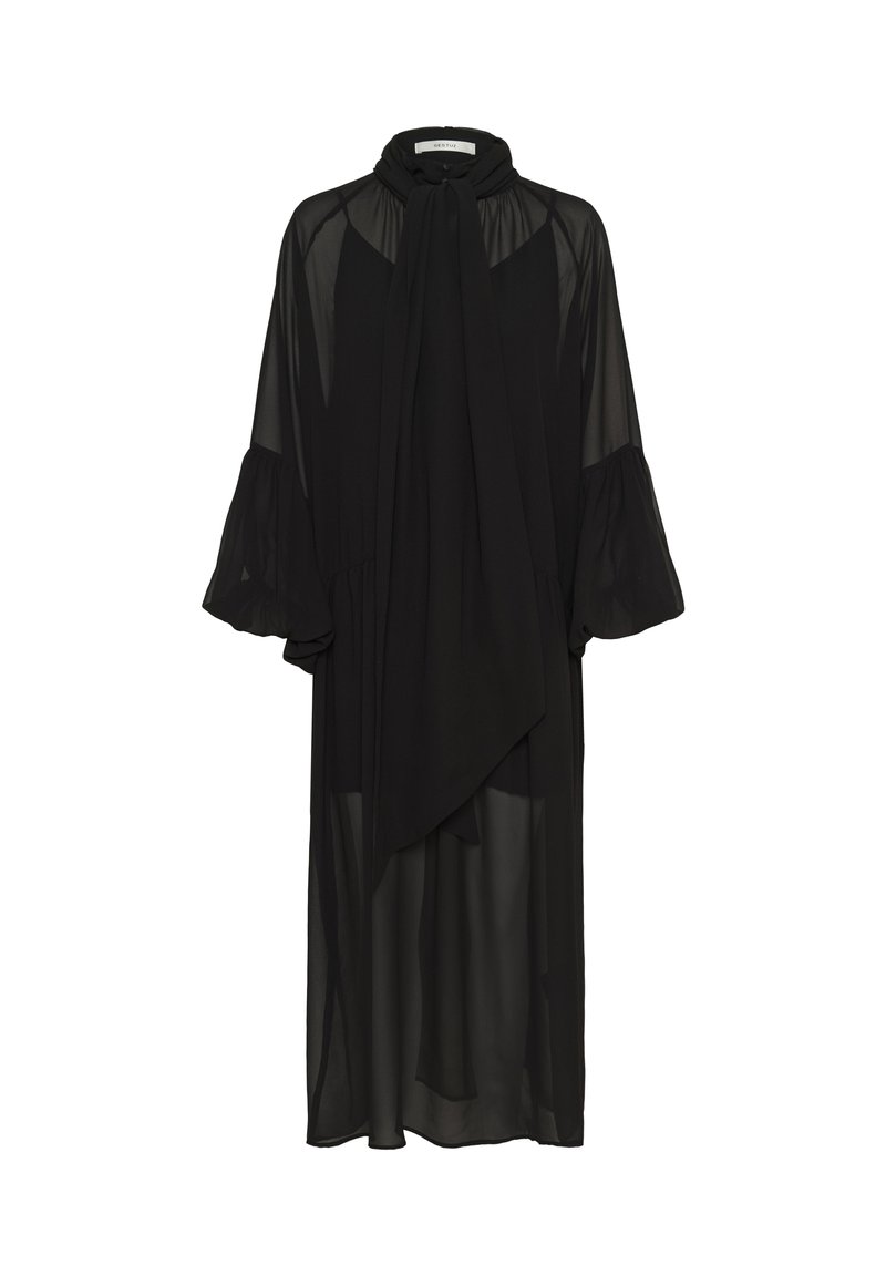 Robe midi noire transparente avec manches longues bouffantes, détail de nœud au col montant et panneau avant drapé en plusieurs couches.
