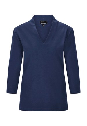 Donkerblauw langemouwen top met een V-halsontwerp, gemaakt van zachte stof. Heeft een relaxte pasvorm en geen zichtbare patronen of hardware.