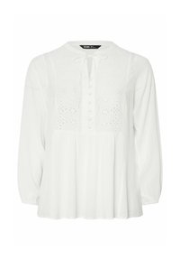 Weiße Bluse mit langen Ärmeln und rundem Ausschnitt, Spitzenverzierung auf der Vorderseite, Knopfleiste und lockerer Passform. Weicher, strukturiert Stoff.