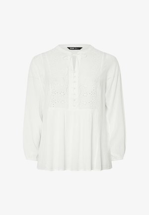Witte blouse met lange mouwen en een ronde halslijn, kantdetails aan de voorkant, knoopsluiting en een losse pasvorm. Zachte, gestructureerde stof.