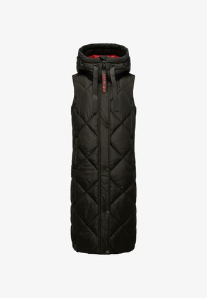 Gilet matelassé noir avec un col haut, doté d'une doublure rouge, de boutons sur le devant et de cordons de serrage réglables. Tissu texturé avec un motif géométrique.