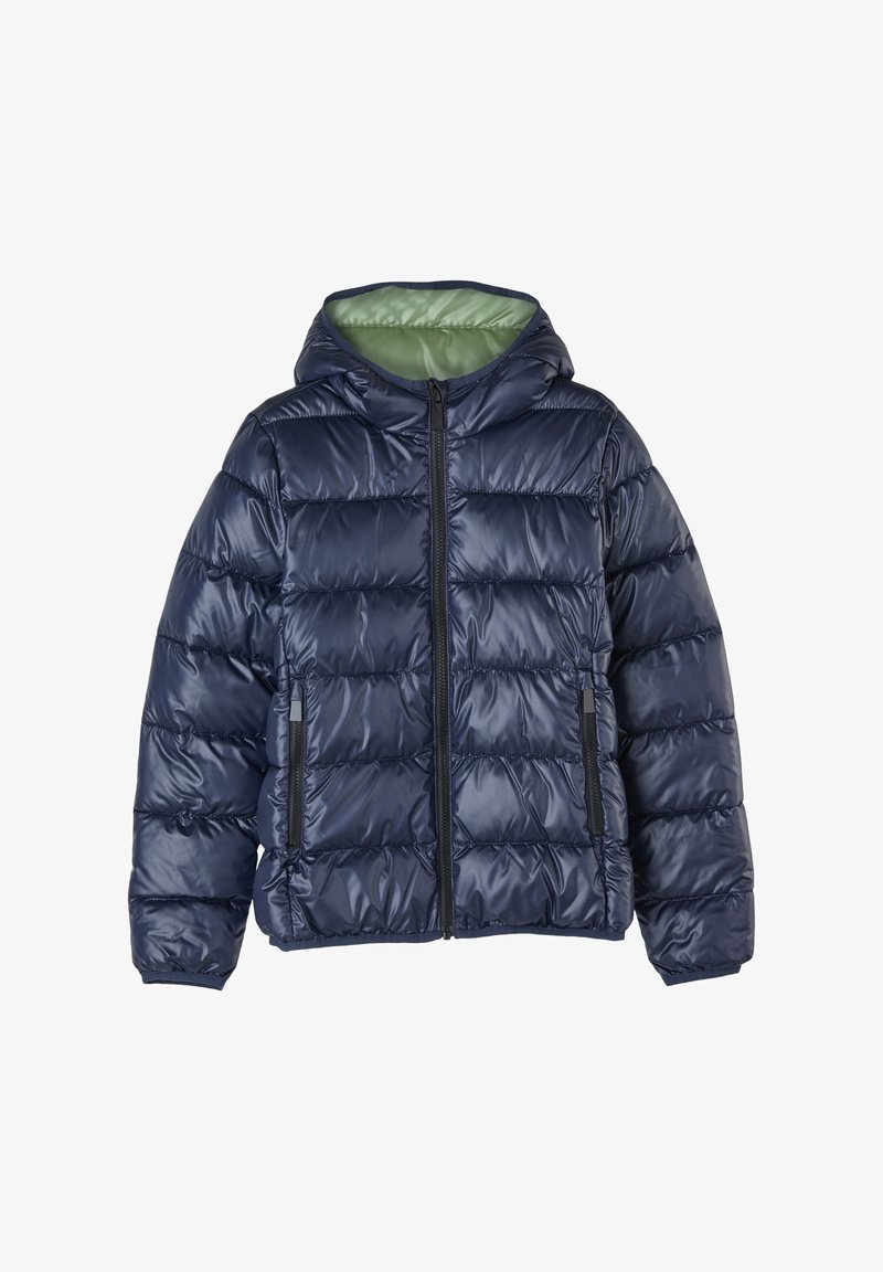 Pufferjack in donker marineblauw met een glanzende afwerking, voorzien van een capuchon, een rits aan de voorkant en elastische manchetten. Gevoerd met een contrasterende lichtgroene binnenkant.