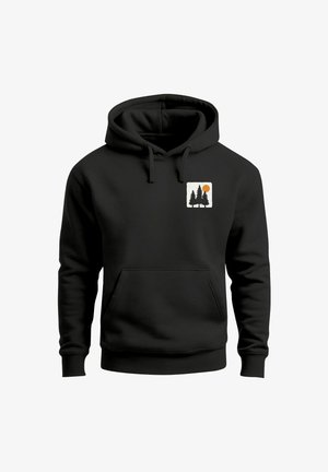 Black hoodie featuring a front pouch pocket, drawstring hood, and a graphic of two trees and a sun on the chest. Cotton blend material.
