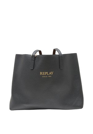 Borsa tote in pelle nera con due manici e "REPLAY SINCE 1981" stampato in oro al centro davanti.