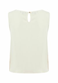 Mouwloze top in roomkleur, met een subtiele textuur, een keyhole rug met een knoopsluiting en lichte, ademende stof.