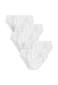 Ensemble de cinq sous-vêtements en coton blanc, avec une taille douce et des détails froncés le long des bords pour un ajustement confortable.