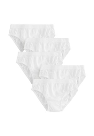 Ensemble de cinq sous-vêtements en coton blanc, avec une taille douce et des détails froncés le long des bords pour un ajustement confortable.