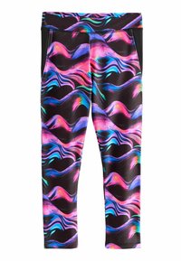 Schwarze Leggings mit einem lebhaften, mehrfarbigen Wellenmuster in Pink, Blau und Lila. Enthält Seitentaschen und einen elastischen Bund.