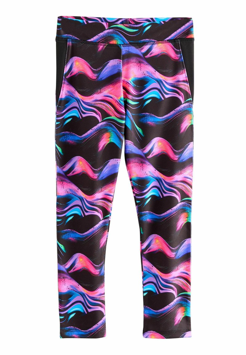 Schwarze Leggings mit einem lebhaften, mehrfarbigen Wellenmuster in Pink, Blau und Lila. Enthält Seitentaschen und einen elastischen Bund.