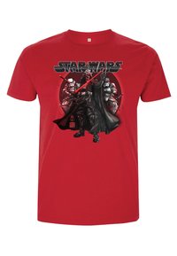 Rød bomulds t-shirt med et grafisk print af karakterer fra Star Wars, herunder stormtroopers og en karakter med et lyssværd.