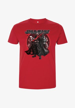 Rotes Baumwoll-T-Shirt mit einem grafischen Druck von Charakteren aus Star Wars, darunter Sturmtruppen und ein Charakter mit einem Lichtschwert.