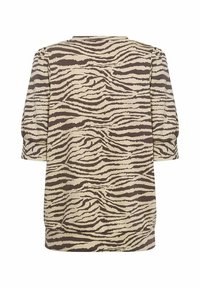 Langsleeve jurk in beige met bruin tijgerstreep patroon, met een relaxte pasvorm en ronde halslijn. Gladde stoftextuur en geen versieringen.