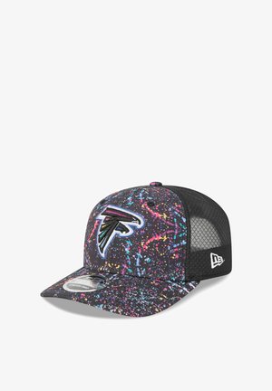 Black cap with colorful splatter pattern; features mesh back and embroidered logo. Brim is flat with a rounded shape.