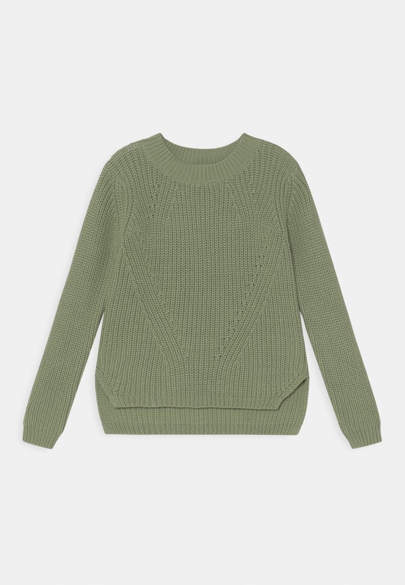 Pull vert en maille à manches longues avec un col rond et un motif texturé, étalé à plat sur un fond blanc.