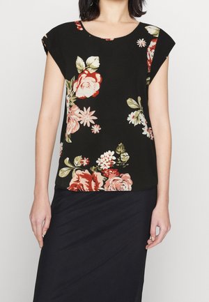 Haut noir à manches courtes orné de motifs floraux colorés, avec un col rond et une coupe décontractée. Tissu doux avec une texture lisse.