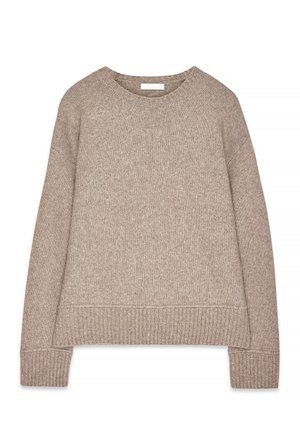 Pull en tricot couleur marron clair, col rond, poignets et ourlet côtelés, coupe légèrement oversize, tissu texturé avec un motif subtil, sans marque visible.