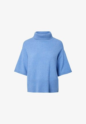 Light blue, short-sleeve turtleneck sweater made of soft, textured fabric with ribbed accents at the neckline and hem.