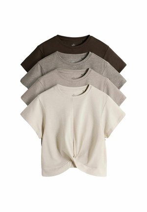 Four short-sleeve crew neck t-shirts in beige, light gray, medium gray, and dark brown, stacked with twisted front detail on the beige one.