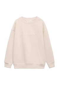 Svetlo bež pulover s kroječem okoli vratu, dolgimi rokavi in teksturiranim napisem 'DANES' na sprednji strani. Mehka tkanina, sproščen kroj.