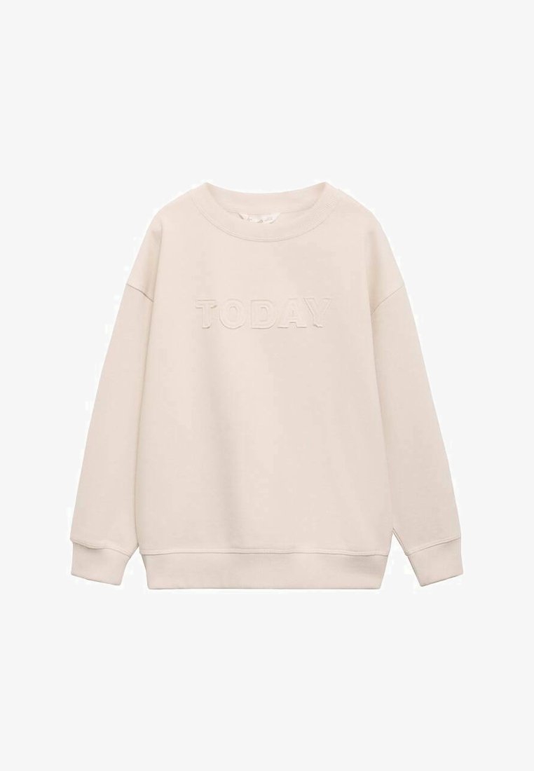 Svetlo bež pulover s kroječem okoli vratu, dolgimi rokavi in teksturiranim napisem 'DANES' na sprednji strani. Mehka tkanina, sproščen kroj.