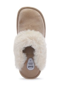 Pantofole beige con una fascia in pelliccia sintetica morbida, fodera soffice e soletta in memory foam. Punta arrotondata e suola piatta con scanalature minime.