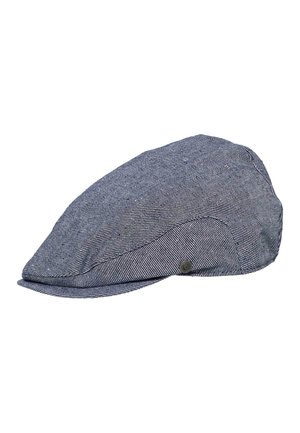 Flat cap in blue and white fine stripes with a small metal button detail on the side, classic tailored design.