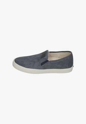 Marine instap-schoen met een gestructureerde canvas bovenkant, elastische zijpanelen en een witte rubberen zool. De binnenkant is van beige stof.