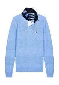 Polo à manches longues bleu clair avec des rayures texturées, une patte de boutonnage blanche et un col avec des rayures bleu marine et blanches sous le col.