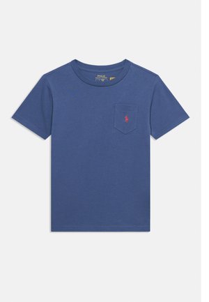 Blue short-sleeve crew neck t-shirt with a small front pocket featuring a red Polo Ralph Lauren logo on the left chest.