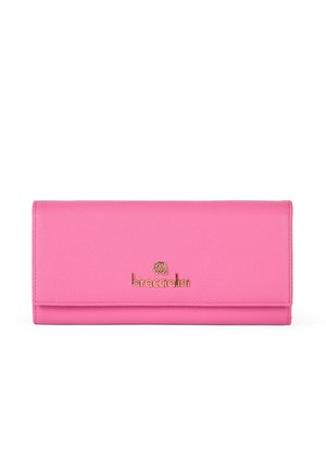 Pink leather wallet with a smooth texture, featuring a gold logo and horizontal flap design. Compact and rectangular shape.