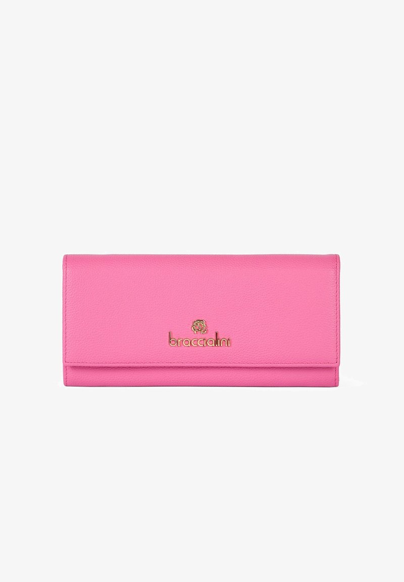 Portefeuille en cuir rose avec une texture lisse, comportant un logo doré et un design à rabat horizontal. Forme compacte et rectangulaire.