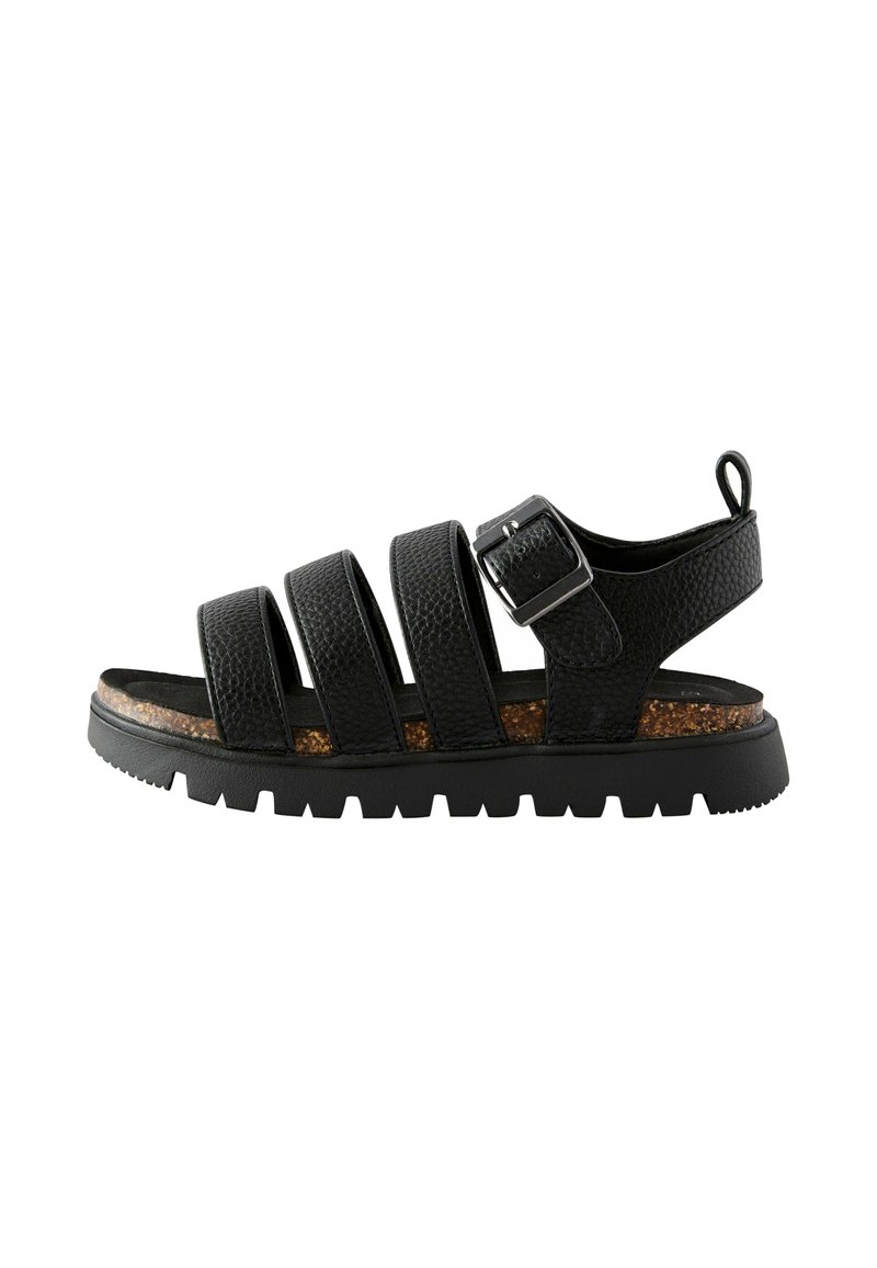 Schwarze Ledersandalen mit vier breiten Riemen, strukturierter Oberfläche, verstellbarem Schnallenverschluss, Korkfußbett und robustem schwarzen Gummisohle.