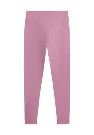 Magas derekú, teljes hosszúságú mályva legging V alakú derékszabással, fehér háttér előtt bemutatva.