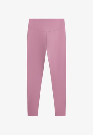 Magas derekú, teljes hosszúságú mályva legging V alakú derékszabással, fehér háttér előtt bemutatva.