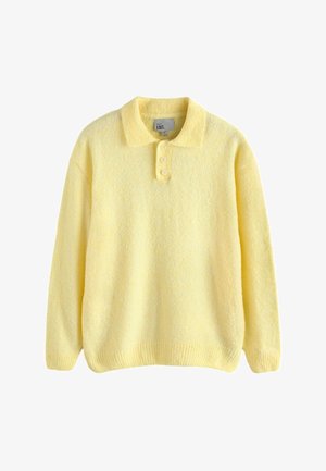 Weicher gelber Pullover mit langen Ärmeln, Kragen und drei Knöpfen auf der vorderen Blende, gestrickt aus einem strukturierten Stoff.