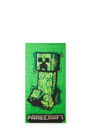 Stampa su tela verde con un personaggio Creeper pixelato di Minecraft e vari elementi testuali in nero e giallo. In basso è etichettato "Minecraft."