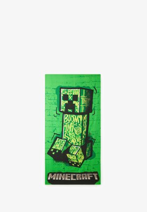 Stampa su tela verde con un personaggio Creeper pixelato di Minecraft e vari elementi testuali in nero e giallo. In basso è etichettato "Minecraft."