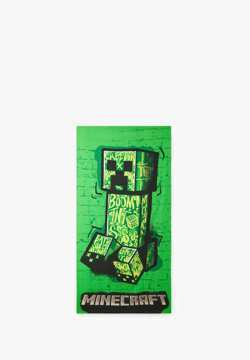 Stampa su tela verde con un personaggio Creeper pixelato di Minecraft e vari elementi testuali in nero e giallo. In basso è etichettato "Minecraft."