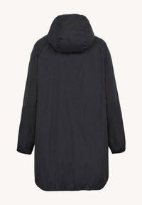 Cappotto nero lungo con cappuccio, realizzato in materiale leggero e resistente all'acqua; dotato di polsini elasticizzati e cappuccio con coulisse per una vestibilità sicura.