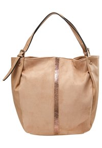 Borsa in suede beige con striscia metallica in rosa dorato. Tessuto morbido, ampia apertura e tracolla nera regolabile. Dettaglio di cucitura sottile.