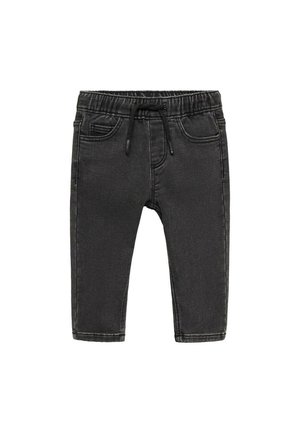 Schwarze Jeans mit elastischem Bund, verstellbarem Kordelzug, zwei Fronttaschen und schmalem Schnitt. Glatte Textur.