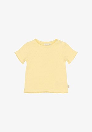 Geel T-shirt met korte mouwen, gemaakt van textuurstof, met een gegolfde rand en drukknopen op de schouders voor gemakkelijk aan- en uittrekken.