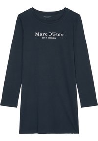 Granatowa koszulka z długim rękawem z miękkiego materiału. Posiada okrągły dekolt oraz biały tekst na przodzie: "Marc O’Polo EST. W Sztokholmie." Prosty design.