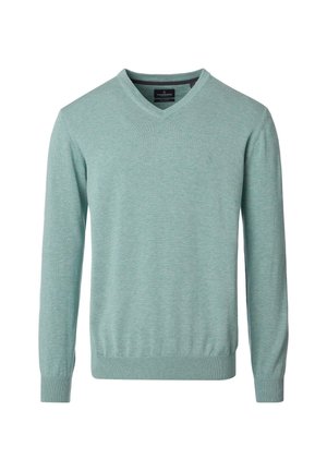 Lichtgroene lange mouw V-hals trui met geribbelde manchetten en zoom, met een klein geborduurd logo op de linkerborst.