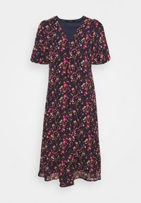 Květinové šaty s námořnickým podkladem, s krátkými nabíranými rukávy, v-čelním výstřihem a midi délkou, zdobené růžovými a žlutými květinovými vzory.