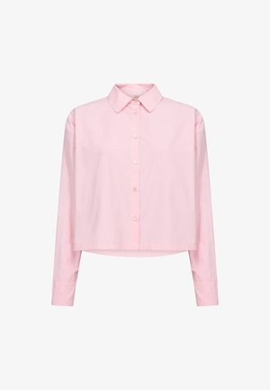 Hele-roosa, pikkade varrukatega lühike särk, millel on terav krae ja ees nööbiga kinnitused, valgel taustal.